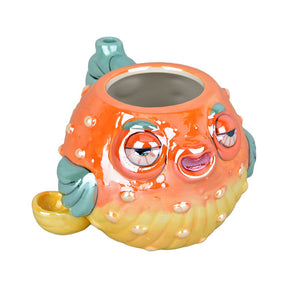 Stoned Pufferfish Ceramic Pipe Mug - 4" 20oz with colorful design, front view on white background