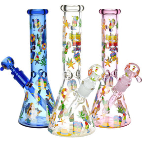 Spring Break 2024 Glass Beaker Water Pipes in blue, clear, and pink with vibrant decals, 14mm bowls, front view