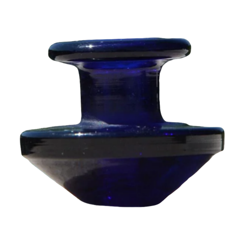 Calibear Puffco Peak Carb Cap in blue glass, front view on a seamless white background, compact design for dab rigs.