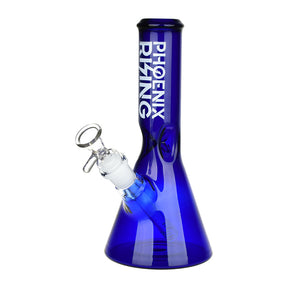Phoenix Rising Blue Glass Beaker Water Pipe, 9.25" tall with 14mm Female Joint, Front View