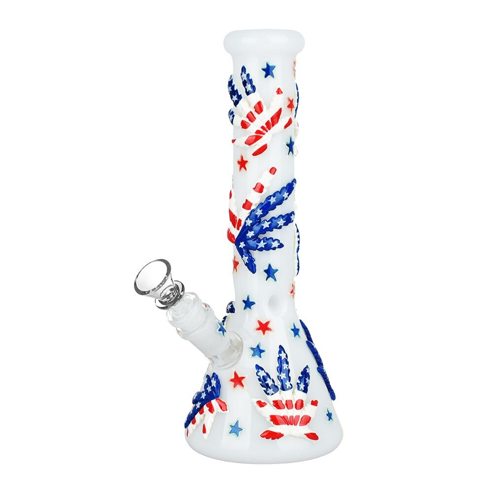 Patriot Leaf Glow In The Dark Glass Beaker Water Pipe | 10" | 14mm F