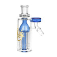 Pulsar 7-Arm Ash Catcher in blue, 45-degree angle, clear borosilicate glass, front view on white background