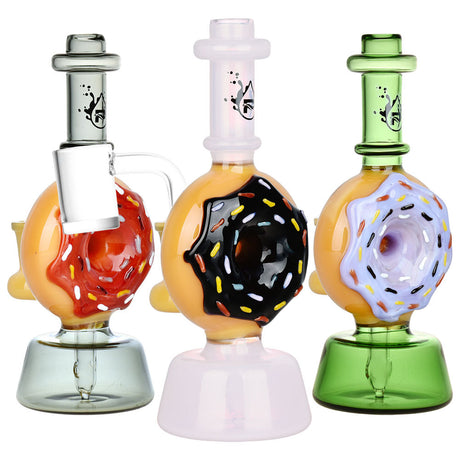 Pulsar Delightful Donut Dab Rigs in three colors with quartz buckets, 14mm female joint, front view