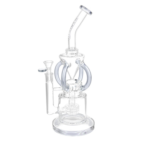 Pulsar Gravity Recycler Water Pipe, 13" tall with a 14mm female joint, featuring matrix percolator and clear borosilicate glass, front view.