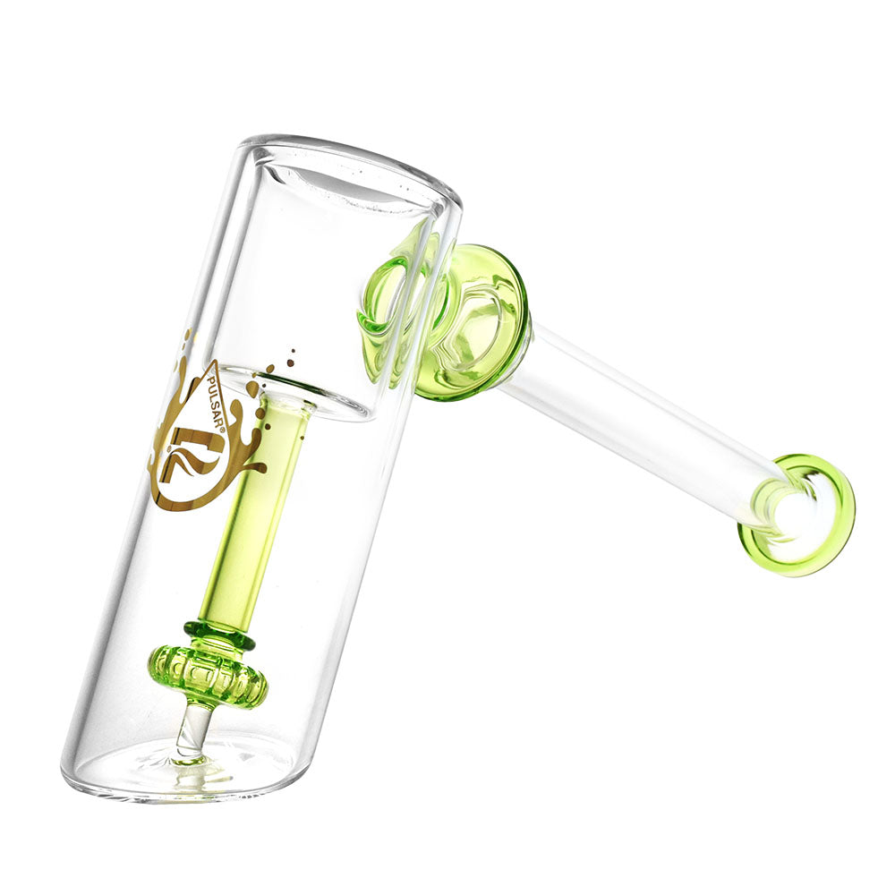 Pulsar Hammer Bubbler Pipe for Puffco Proxy, clear borosilicate glass with green accents, side view