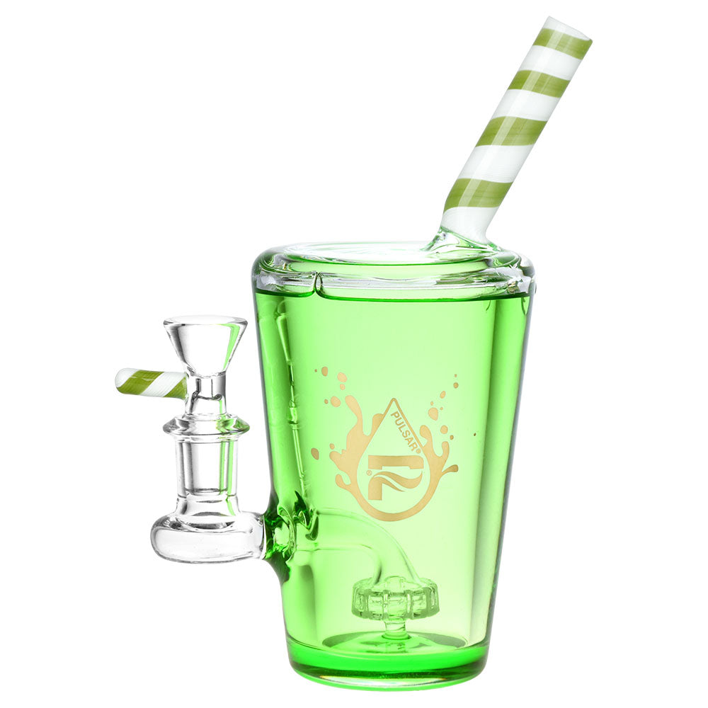 Pulsar Soda Cup Glycerin Water Pipe in Green, 7.5" with Striped Straw, Borosilicate Glass, Front View