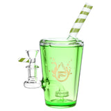 Pulsar Soda Cup Glycerin Water Pipe in Green, 7.5" with Striped Straw, Borosilicate Glass, Front View