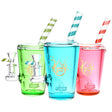 Pulsar Soda Cup Glycerin Water Pipes in green, blue, and pink with striped straws, front view