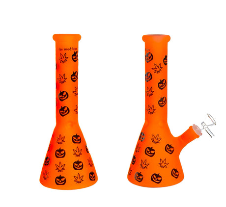 Two 10 inch Pumpkin Toke beaker bongs in matte orange with jack-o-lantern print, front and side view