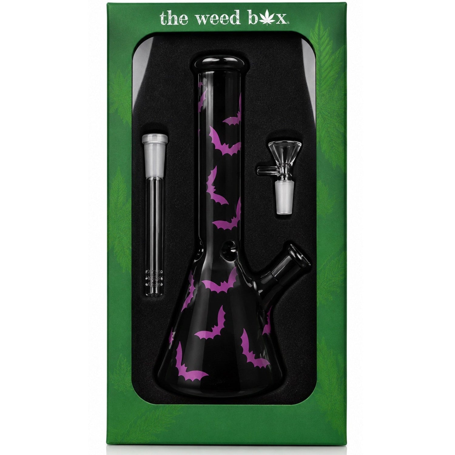 The Weed Box 10 inch Purple Bat beaker bong in branded green packaging, matte black glass with purple bats