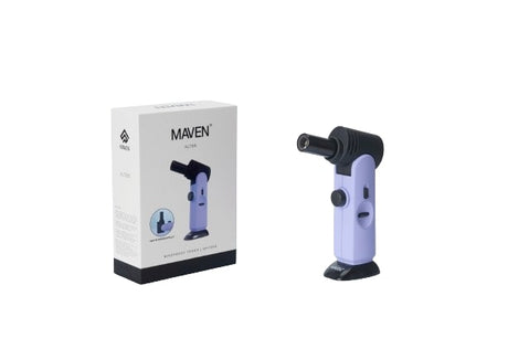 Maven Torch Alter in Purple - Windproof Jet Flame Dab Torch with Adjustable Head, next to its packaging