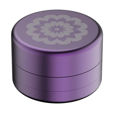 Flower Mill 2" Next Gen Standard Grinder in purple, top view showing detailed flower design