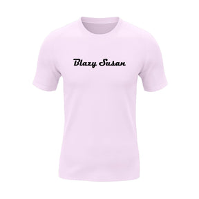 Blazy Susan Pink Cotton T-Shirt with Black Logo, Front View on White Background