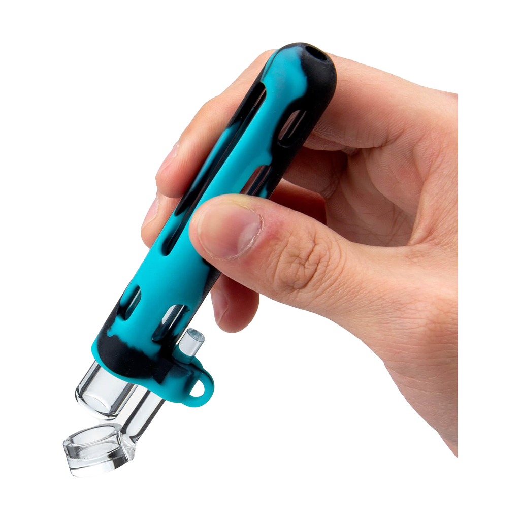 Hand holding PILOT DIARY 2 IN 1 Concentrate Taster Pipe with Glass Bowl - Teal and Black
