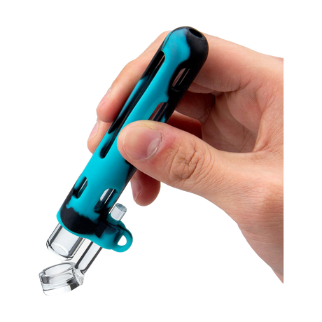 Hand holding PILOT DIARY 2 IN 1 Concentrate Taster Pipe with Glass Bowl - Teal and Black