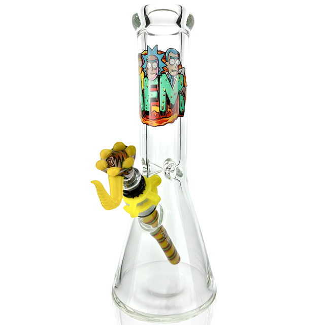 12" AFM Anime Beaker Bong with colorful character design, 9mm thick glass, front view on white background