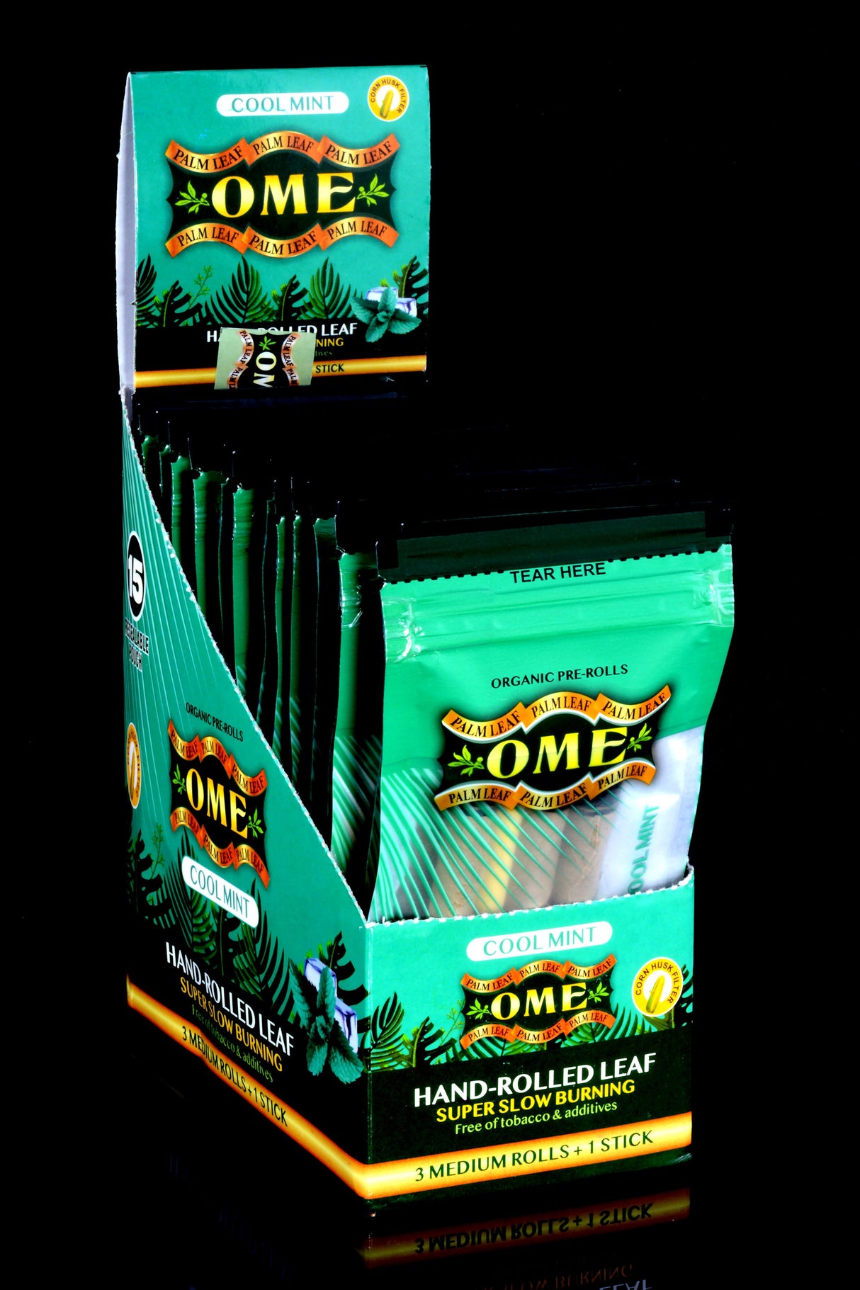 OME Palm Leaf Organic Pre-Rolls Display – 3 Medium Rolls/Pack – 15 Packs