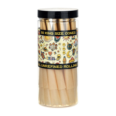 RAW 50pc Jar of Unrefined Pre-Rolled Cones King Size, Front View on White Background