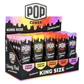 POP Cones King Size Unbleached Rolling Papers, 25pc Display with Assorted Flavors