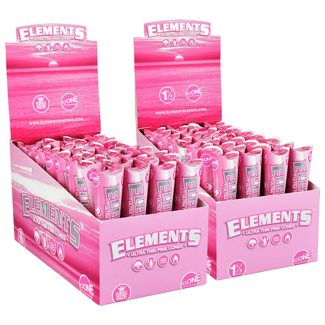 Elements Ultra Thin Pink Cones display box with 32 pre-rolled cones for easy packing