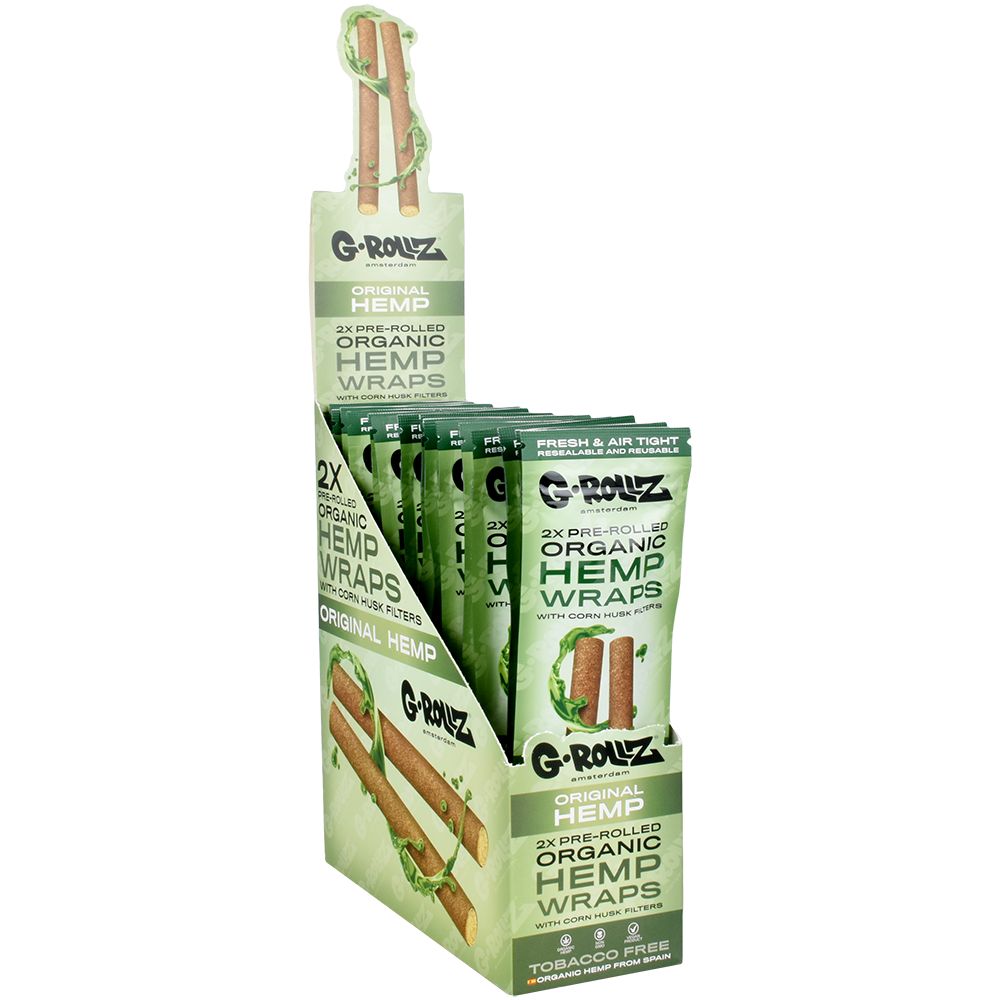 G-ROLLZ Pre-Rolled Organic Hemp Wraps Display Box Front View with 15 Packets