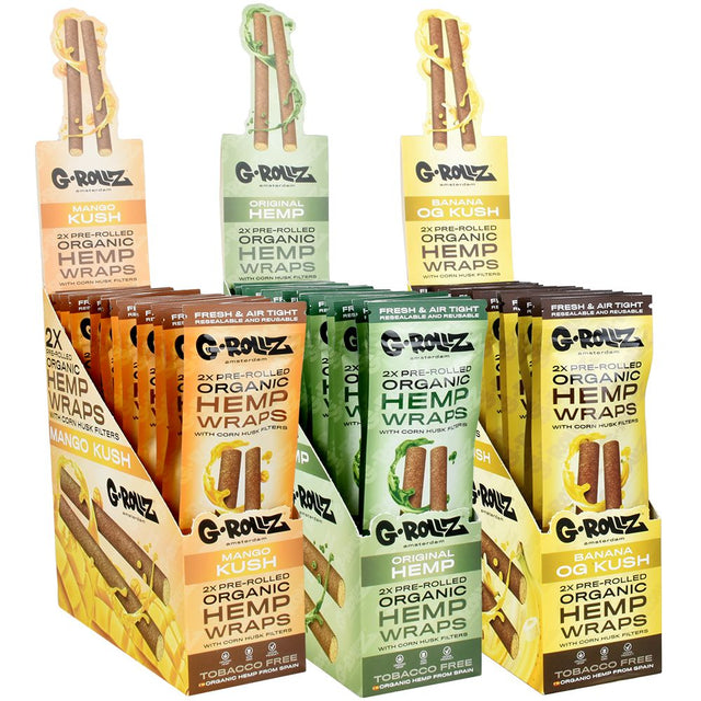 G-ROLLZ Pre-Rolled Organic Hemp Wraps Display with various flavors like Mango Kush