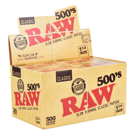20 pack display of RAW Classic Creaseless 1 1/4" Rolling Papers with 500 leaves