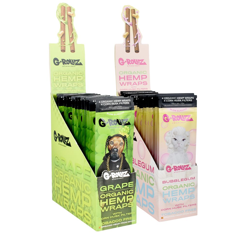 G-ROLLZ Pets Rock Organic Hemp Wraps display with Grape and Bubblegum flavors