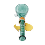 Cheech Glass 4" Mini Bong Pipe in teal with logo, top view on white background