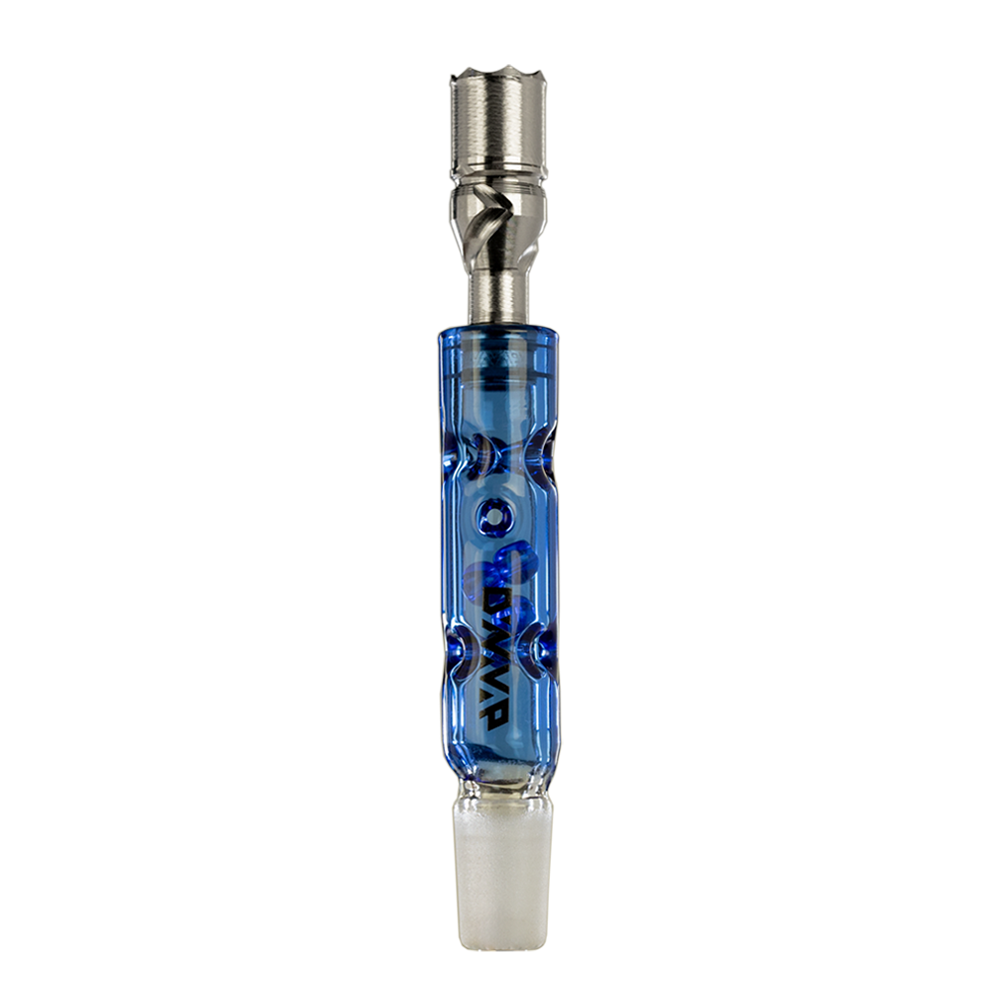 DynaVap BB3 vaporizer with blue glass body and stainless steel cap, front view on white background