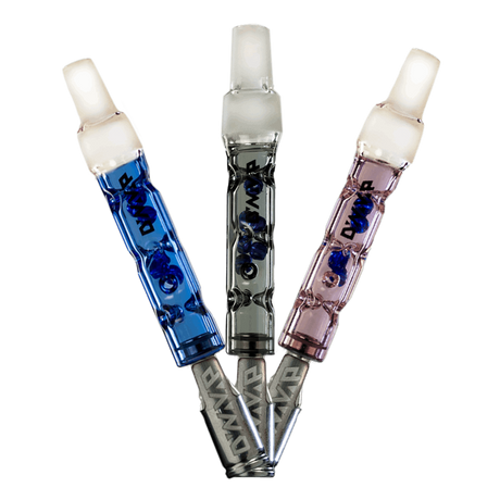 DynaVap BB6 Vaporizers in blue, silver, and rose colors, front view on white background