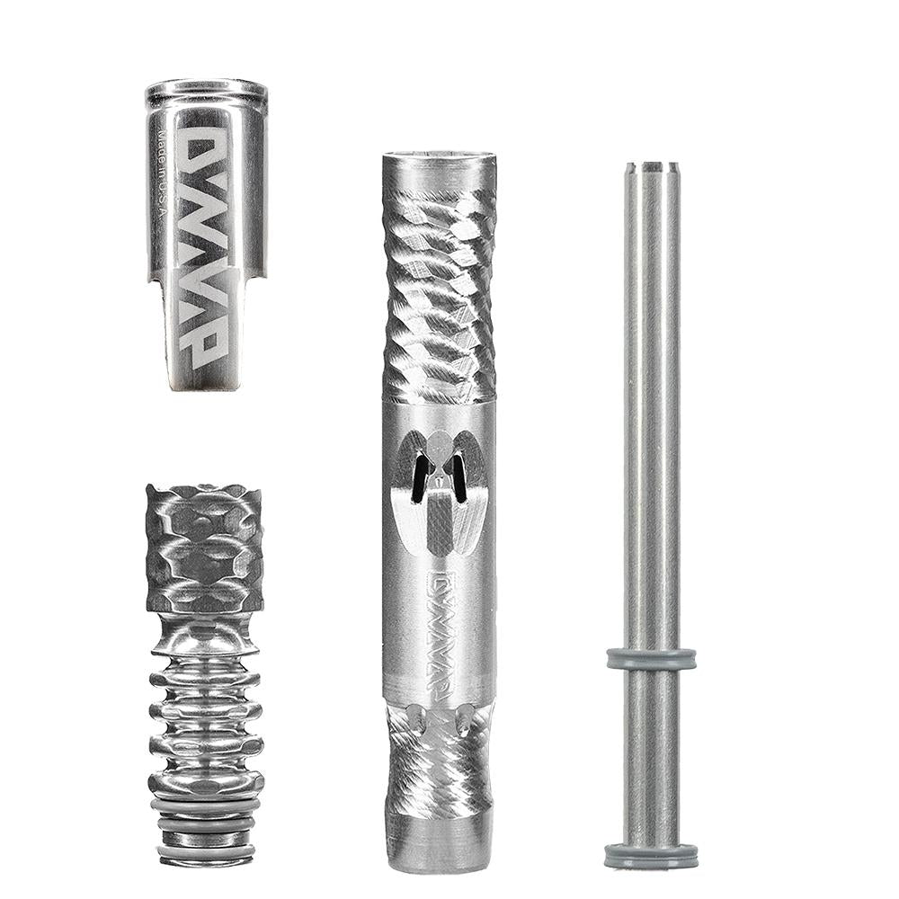 DynaVap The M 2021 Edition vaporizer fully broken down into its Tip, Cap, and stem components for cleaning.