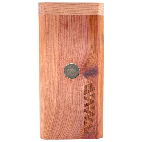 DynaVap DynaStash Cedar wood storage case shown from the front, highlighting the closed lid and cedar finish.