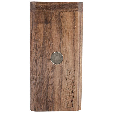 DynaVap DynaStash walnut wood case shown from the front with the lid closed over the device compartment
