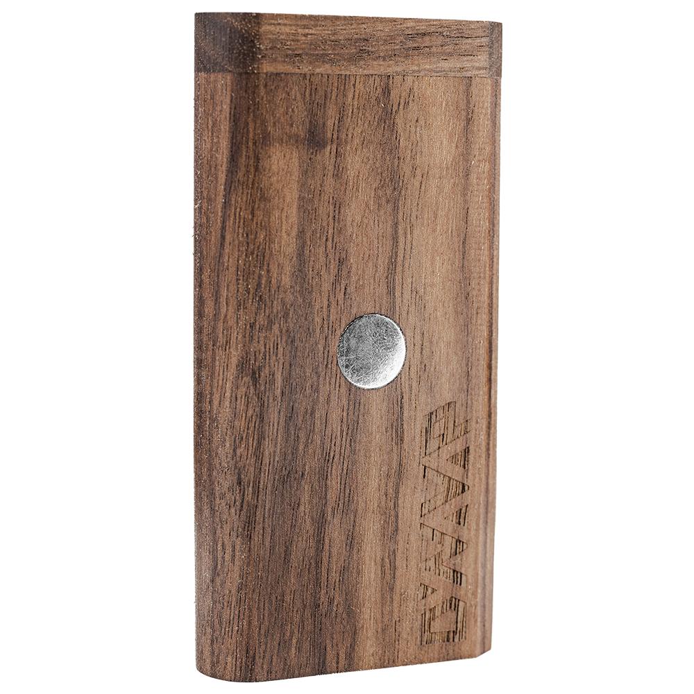 DynaVap DynaStash walnut wood case shown from the side, displaying the dark grain and magnetic closure