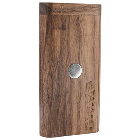 DynaVap DynaStash walnut wood case shown from the side, displaying the dark grain and magnetic closure