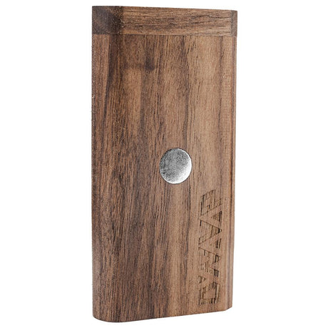 DynaVap DynaStash walnut wood case shown from the side, displaying the dark grain and magnetic closure