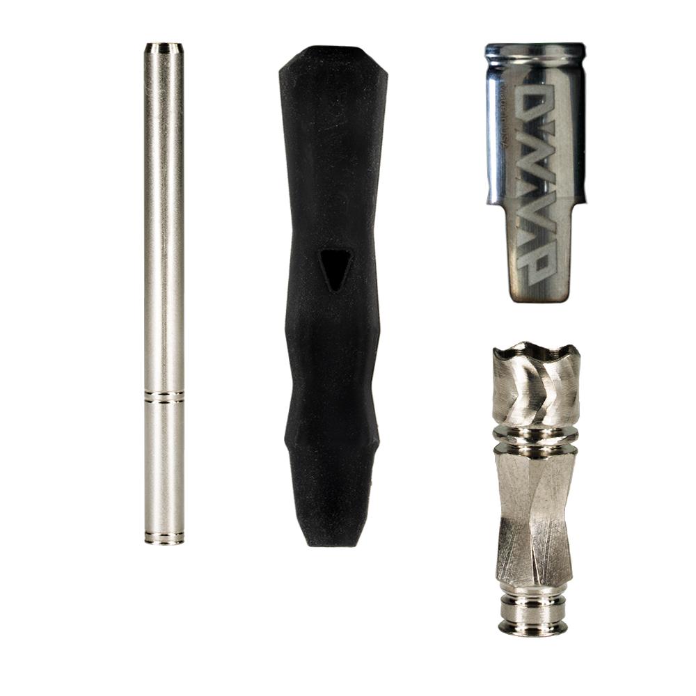 DynaVap The B vaporizer broken down into its parts: Captive Cap, Tip, Condenser, CCD screen, and Silicone Stem.