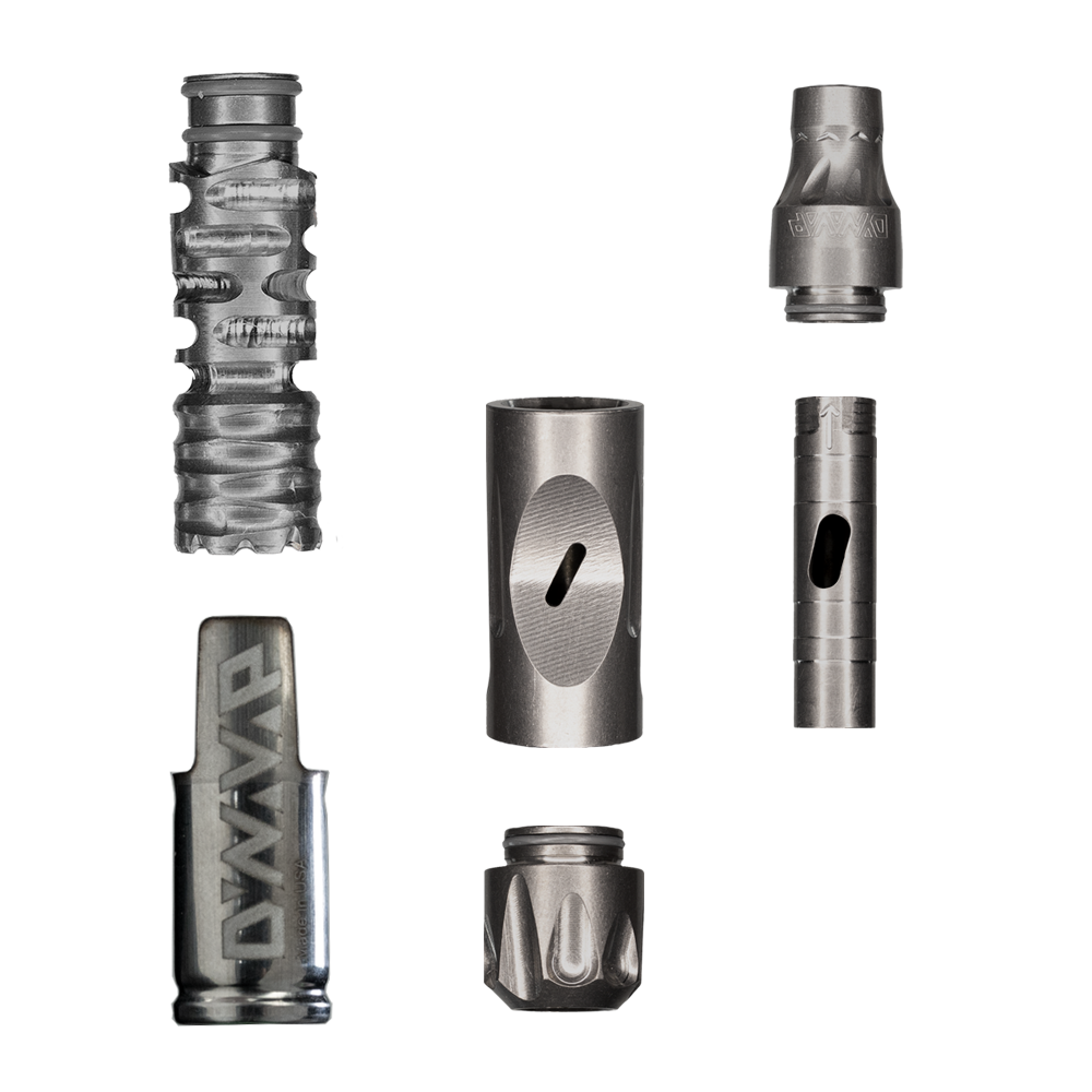 DynaVap The VonG (i): Titanium vaporizer disassembled into five parts on white background