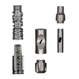 DynaVap The VonG (i): Titanium vaporizer disassembled into five parts on white background