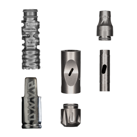 DynaVap The VonG (i): Titanium vaporizer disassembled into five parts on white background