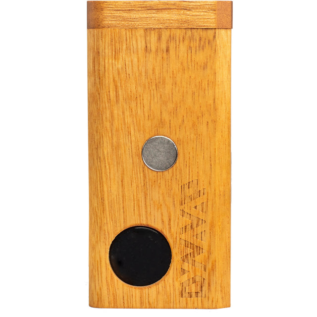 DynaVap DynaStash ER Movingui wood storage case shown closed, displaying natural wood grain and magnetic lid