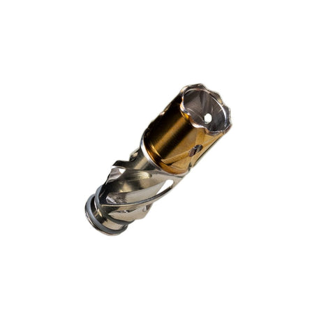 DynaVap Helix Titanium Tip shown lying on its side, displaying the triple helix pattern and gold-toned chamber finish.