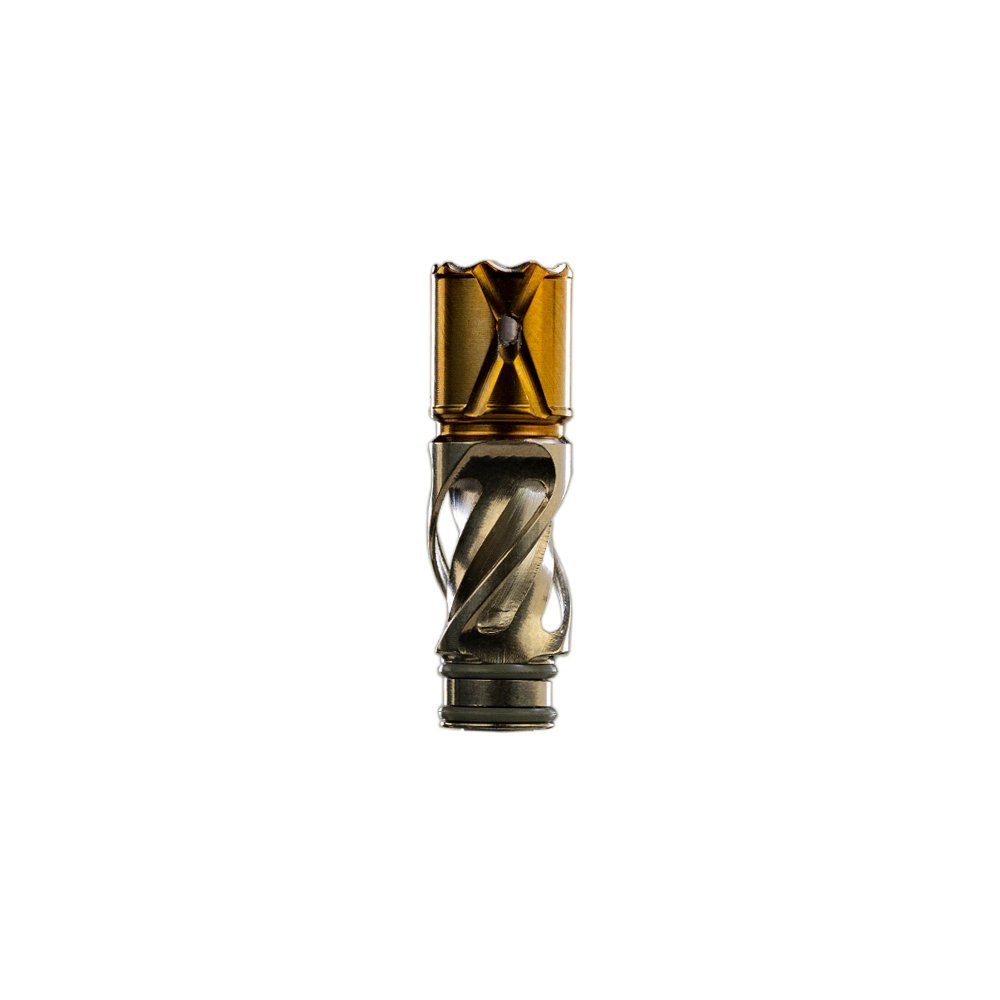 DynaVap Helix Titanium Tip standing upright, highlighting its compact height and gold surface-treated chamber walls.
