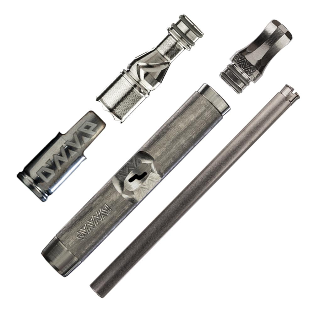 DynaVap The M 7 XL vaporizer broken down into its tip, stem, condenser, and mouthpiece components for cleaning.