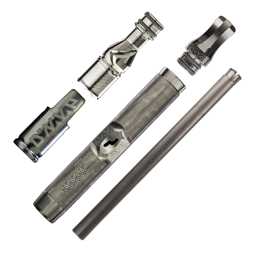DynaVap The M 7 XL vaporizer parts breakdown on a transparent background, showing tip, stem, and mouthpiece.
