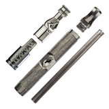 DynaVap The M 7 XL vaporizer parts breakdown on a transparent background, showing tip, stem, and mouthpiece.