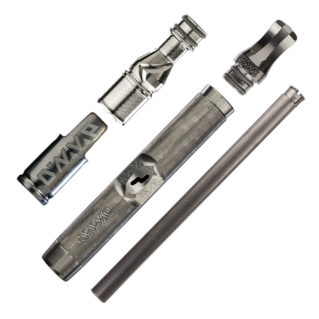 DynaVap The M 7 XL vaporizer parts breakdown on a transparent background, showing tip, stem, and mouthpiece.