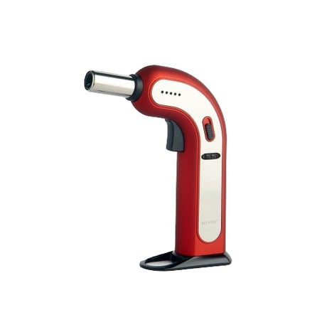 Maven Torch Viper 8" red and chrome table torch with windproof jet flame, front view on white background