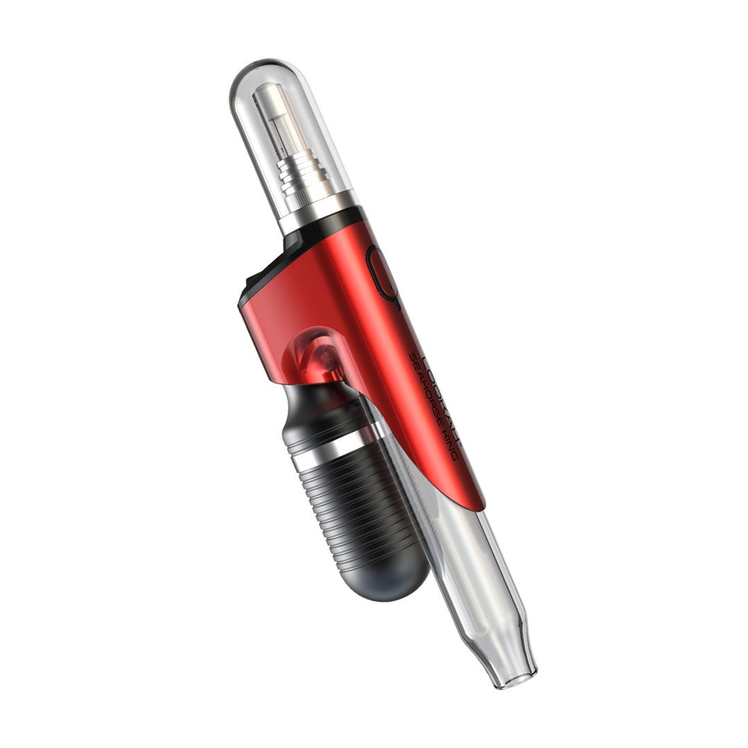 Lookah Seahorse King Vaporizer in red, sleek design with glass mouthpiece, side view on white background